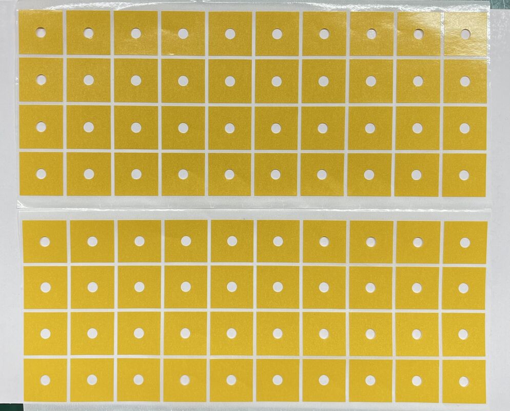 Die-Cut Square PET Double Sided Tape with Center Positioning Holes, High Tack Acrylic Adhesive, Yellow Release Liner for Industrial Assembly & Automated Mounting